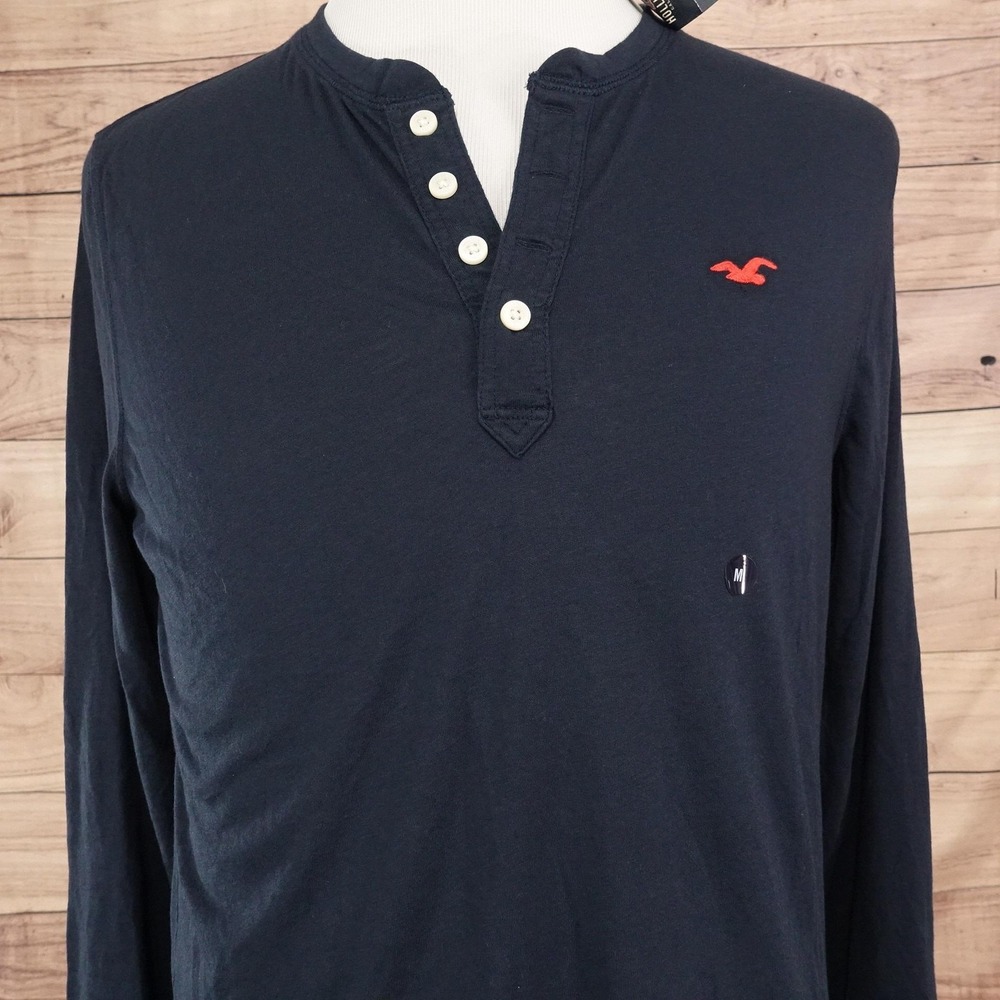 Hollister Shirt Mens Medium Blue Long Sleeve Henley Logo Cotton Casual Tee
